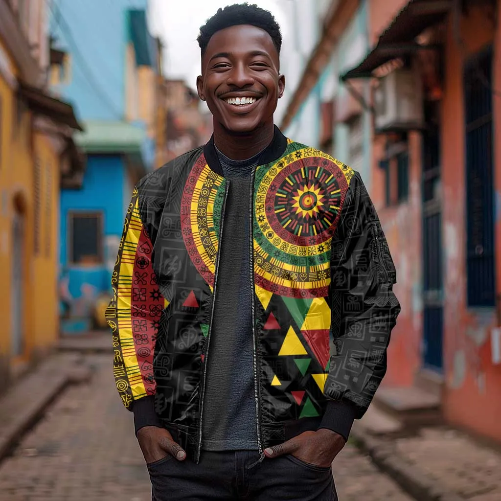 Personalized Adinkra Afro-Akan Culture Sleeve Zip Bomber Jacket Afrikan Colors LT7