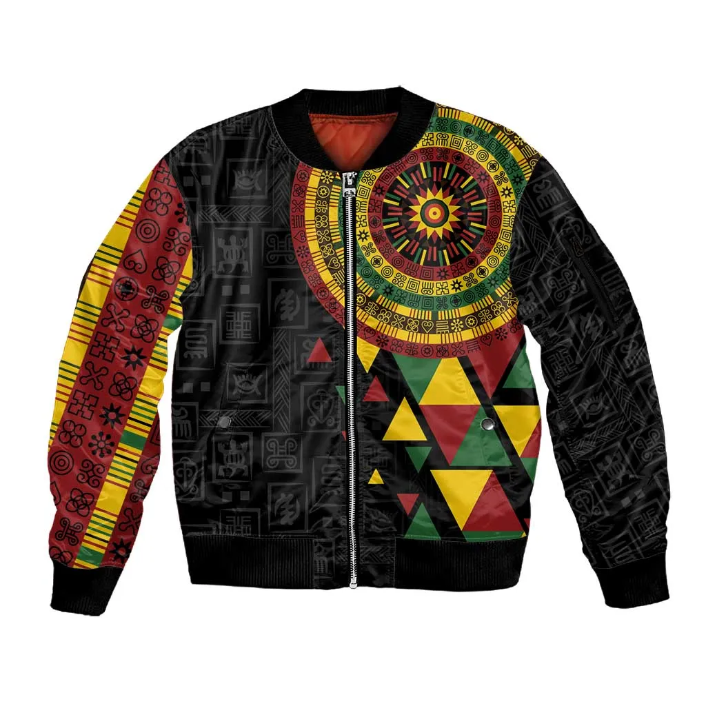 Personalized Adinkra Afro-Akan Culture Sleeve Zip Bomber Jacket Afrikan Colors LT7