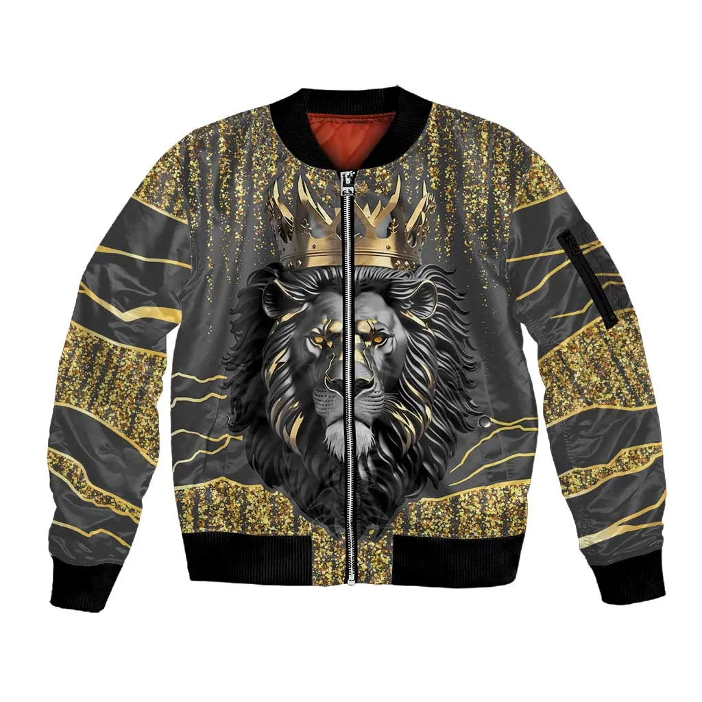 Personalized Black and Gold Lion Africa Sleeve Zip Bomber Jacket DT03