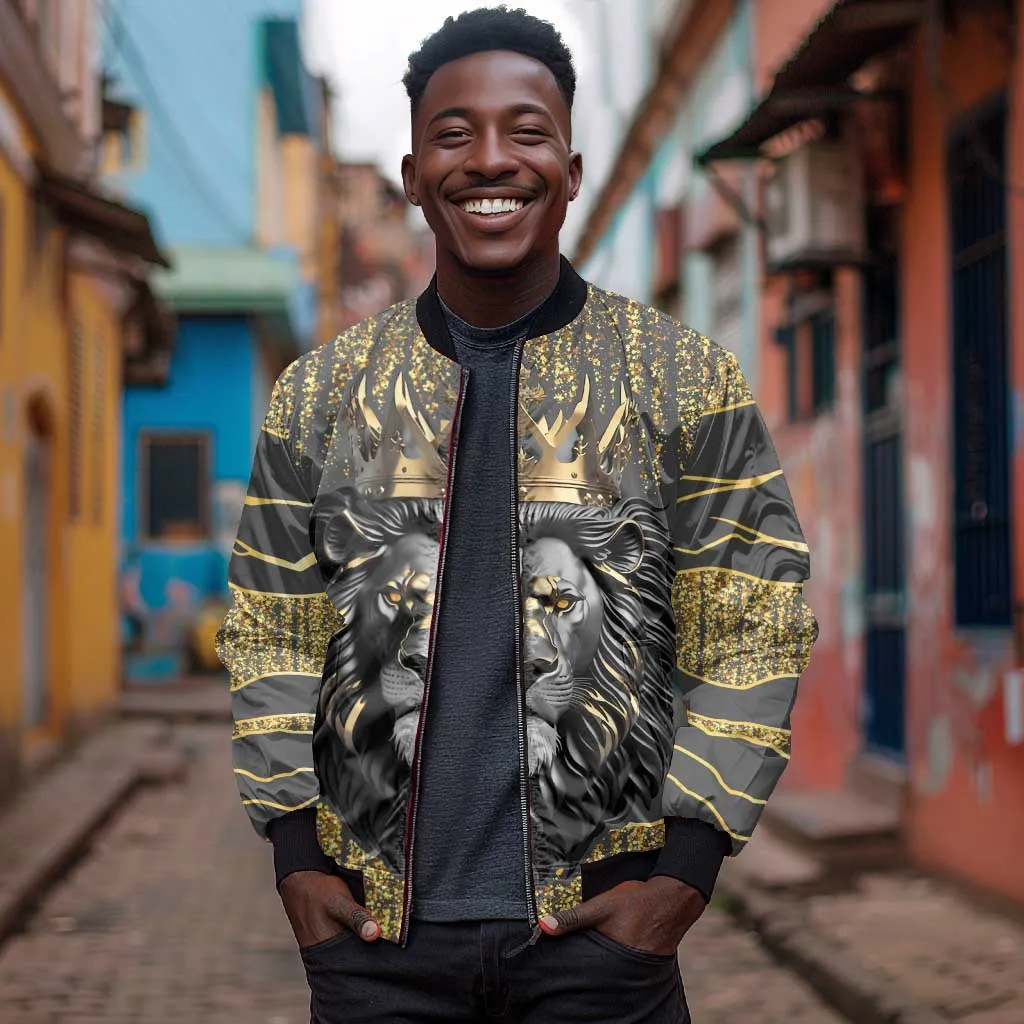 Personalized Black and Gold Lion Africa Sleeve Zip Bomber Jacket DT03