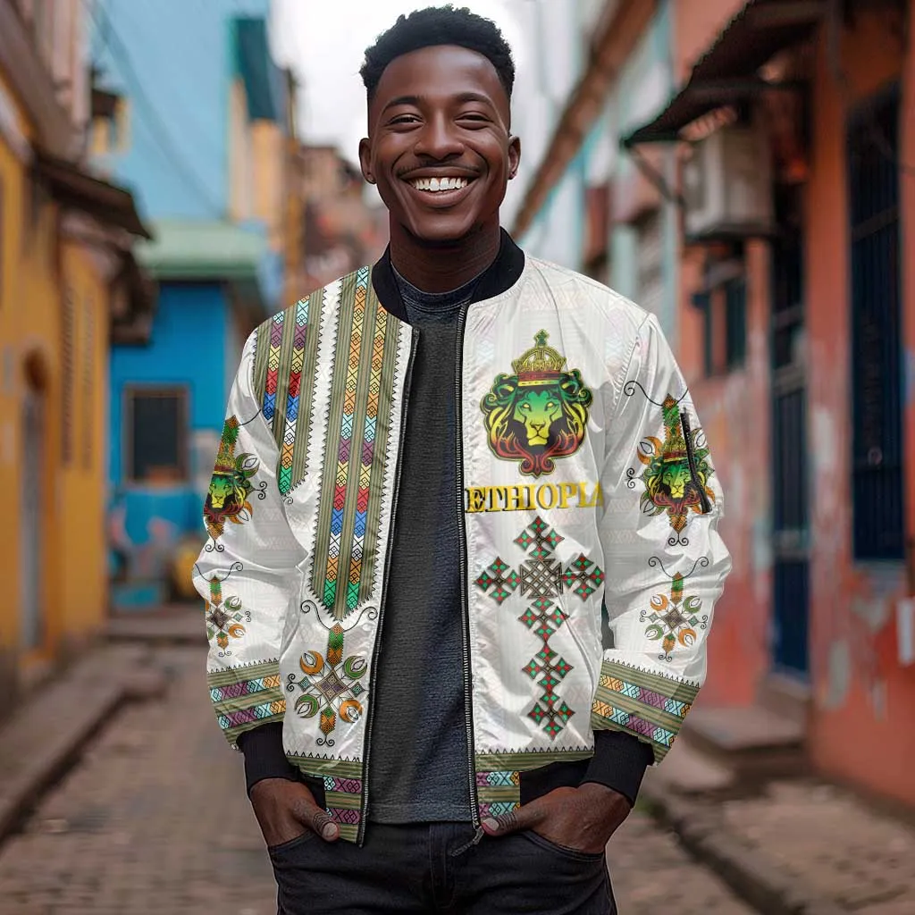 Personalized Ethiopia Lion Of Judah Sleeve Zip Bomber Jacket Tibeb Style LT9