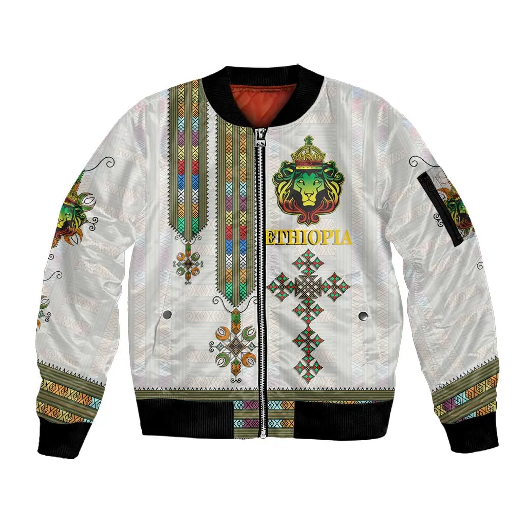 Personalized Ethiopia Lion Of Judah Sleeve Zip Bomber Jacket Tibeb Style LT9