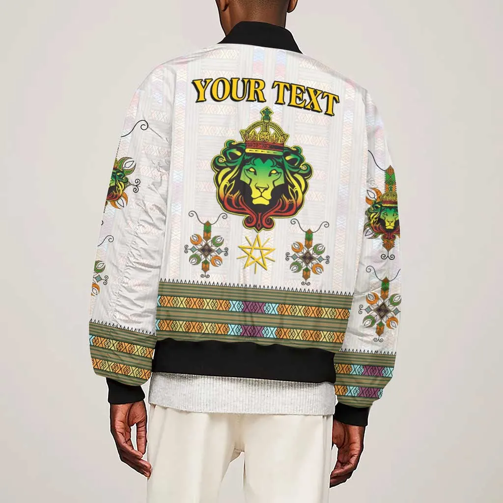 Personalized Ethiopia Lion Of Judah Sleeve Zip Bomber Jacket Tibeb Style LT9