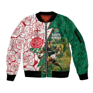Personalized South Africa Combine England Rugby Sleeve Zip Bomber Jacket Springboks and Red Rose LT15