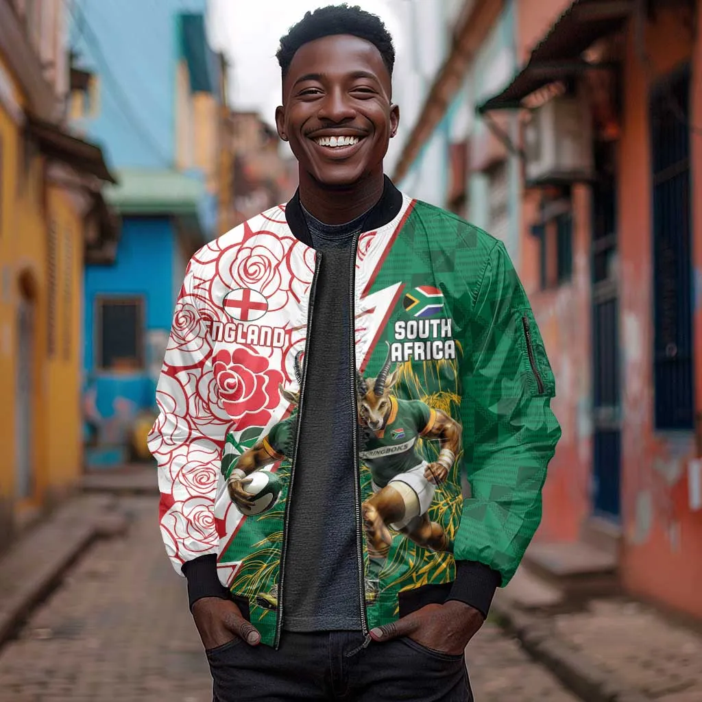 Personalized South Africa Combine England Rugby Sleeve Zip Bomber Jacket Springboks and Red Rose LT15