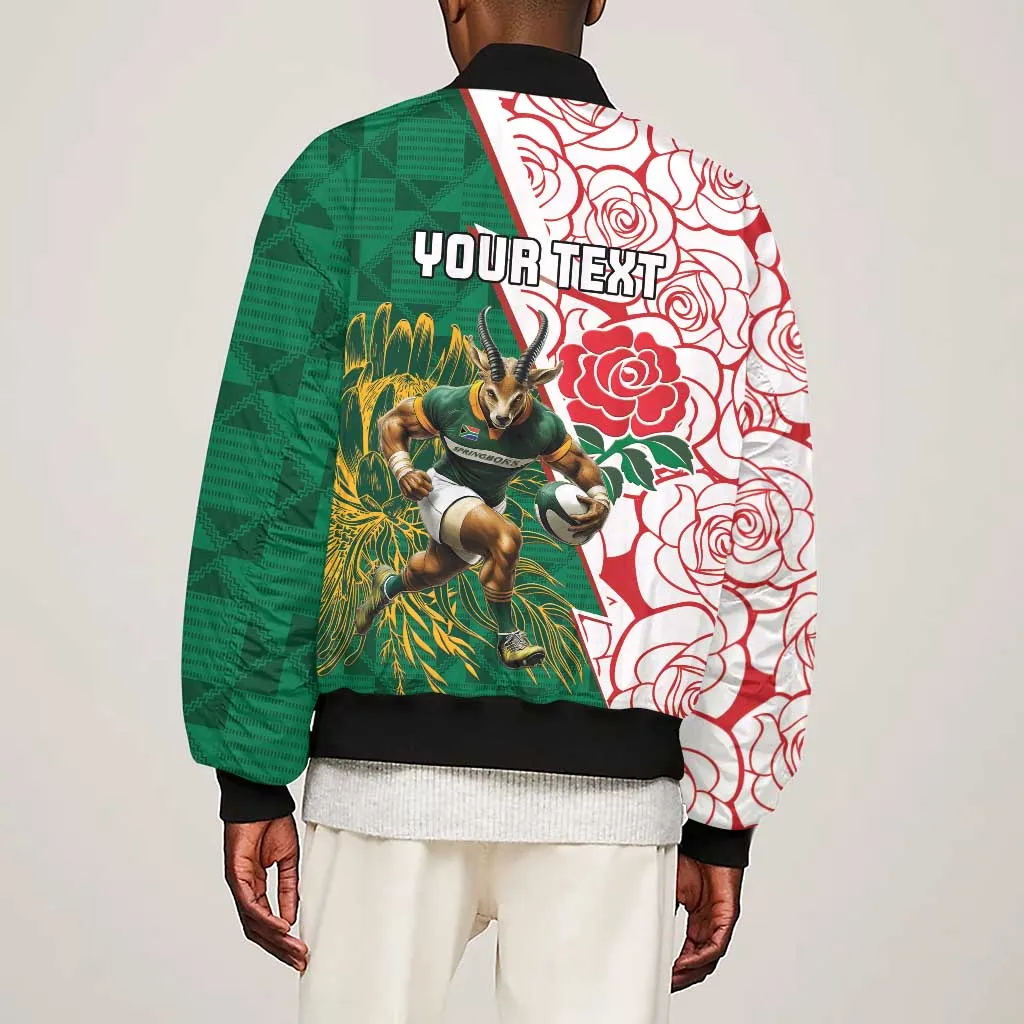 Personalized South Africa Combine England Rugby Sleeve Zip Bomber Jacket Springboks and Red Rose LT15