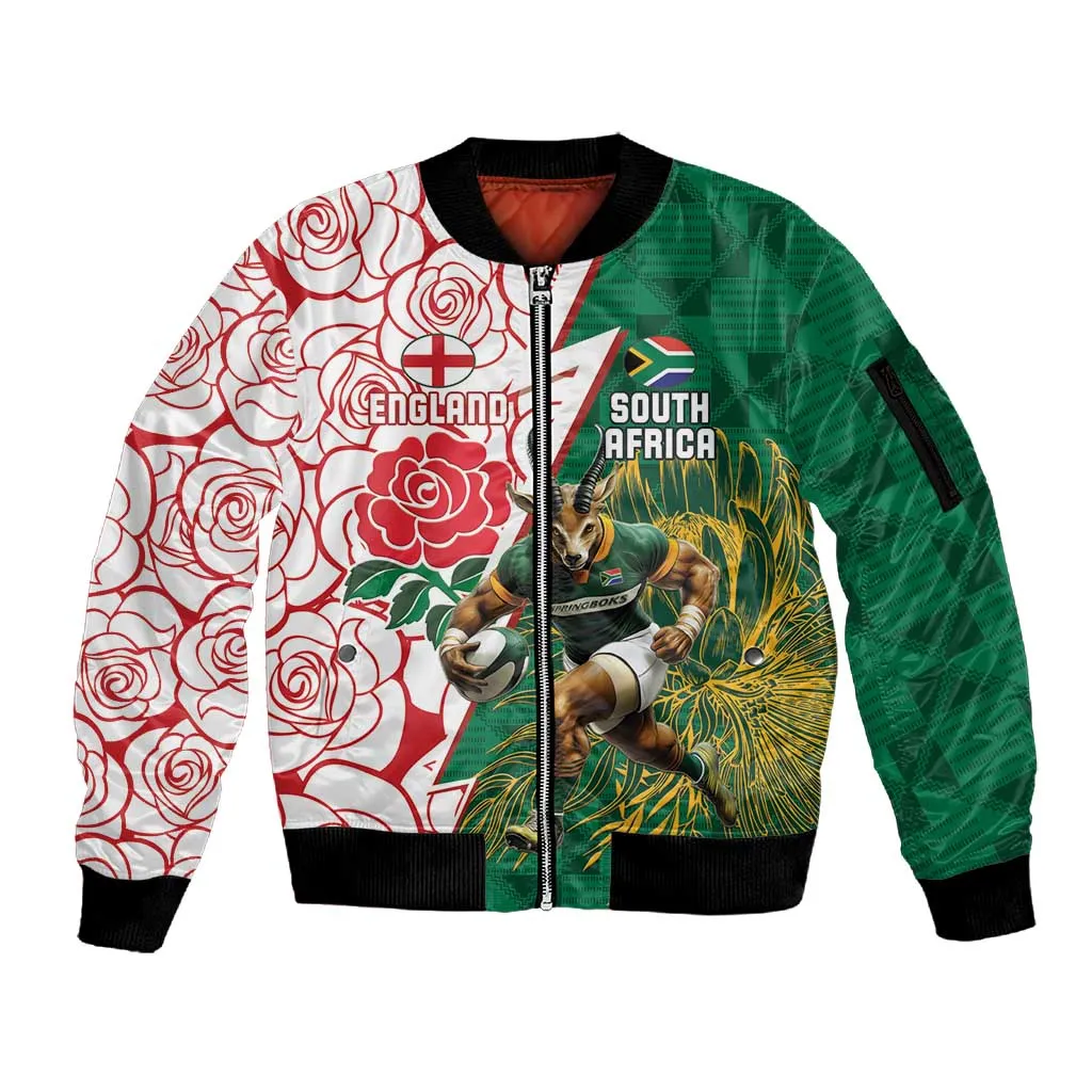 Personalized South Africa Combine England Rugby Sleeve Zip Bomber Jacket Springboks and Red Rose LT15