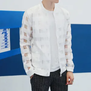 Pierced Transparent Jacket Men Sun Protection Clothing Summer Thin Long Sleeve Man Jacket Plus Size Slim Plaid Mens Jackets