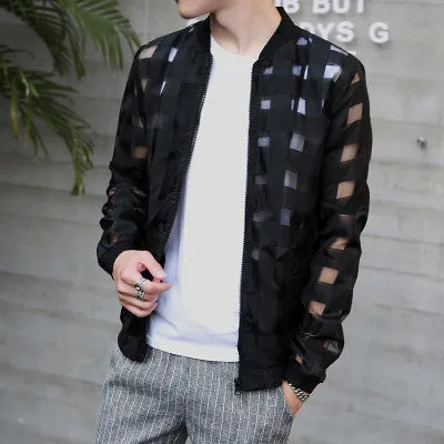 Pierced Transparent Jacket Men Sun Protection Clothing Summer Thin Long Sleeve Man Jacket Plus Size Slim Plaid Mens Jackets