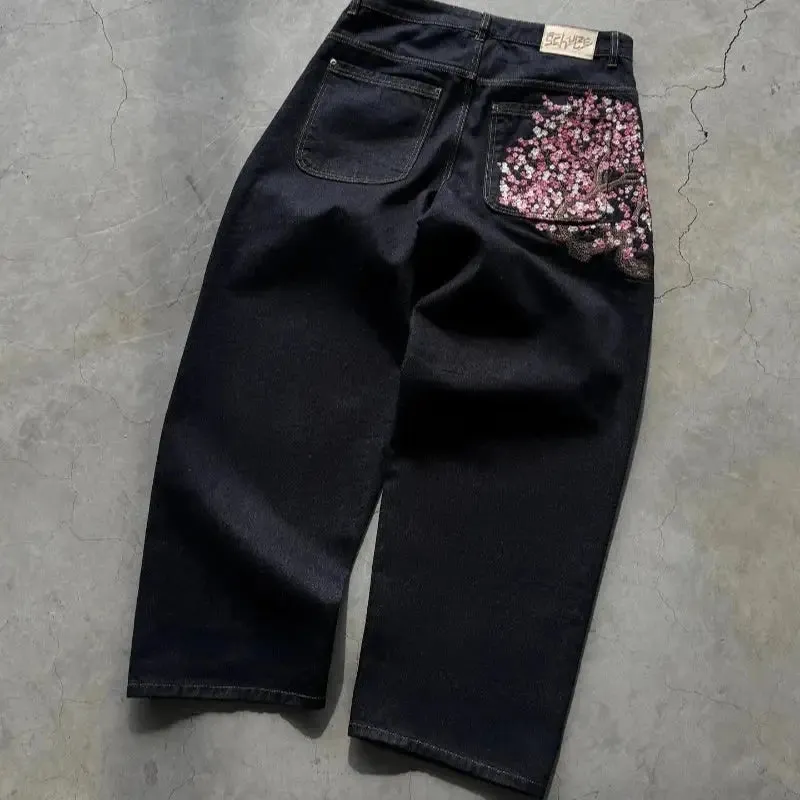 Plum Blossom Embroidered Jeans | Gothic Y2K Streetwear Pants