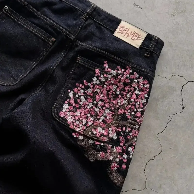 Plum Blossom Embroidered Jeans | Gothic Y2K Streetwear Pants