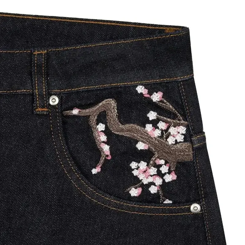 Plum Blossom Embroidered Jeans | Gothic Y2K Streetwear Pants
