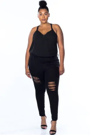 PLUS || Distressed Skinny Jeans | Black