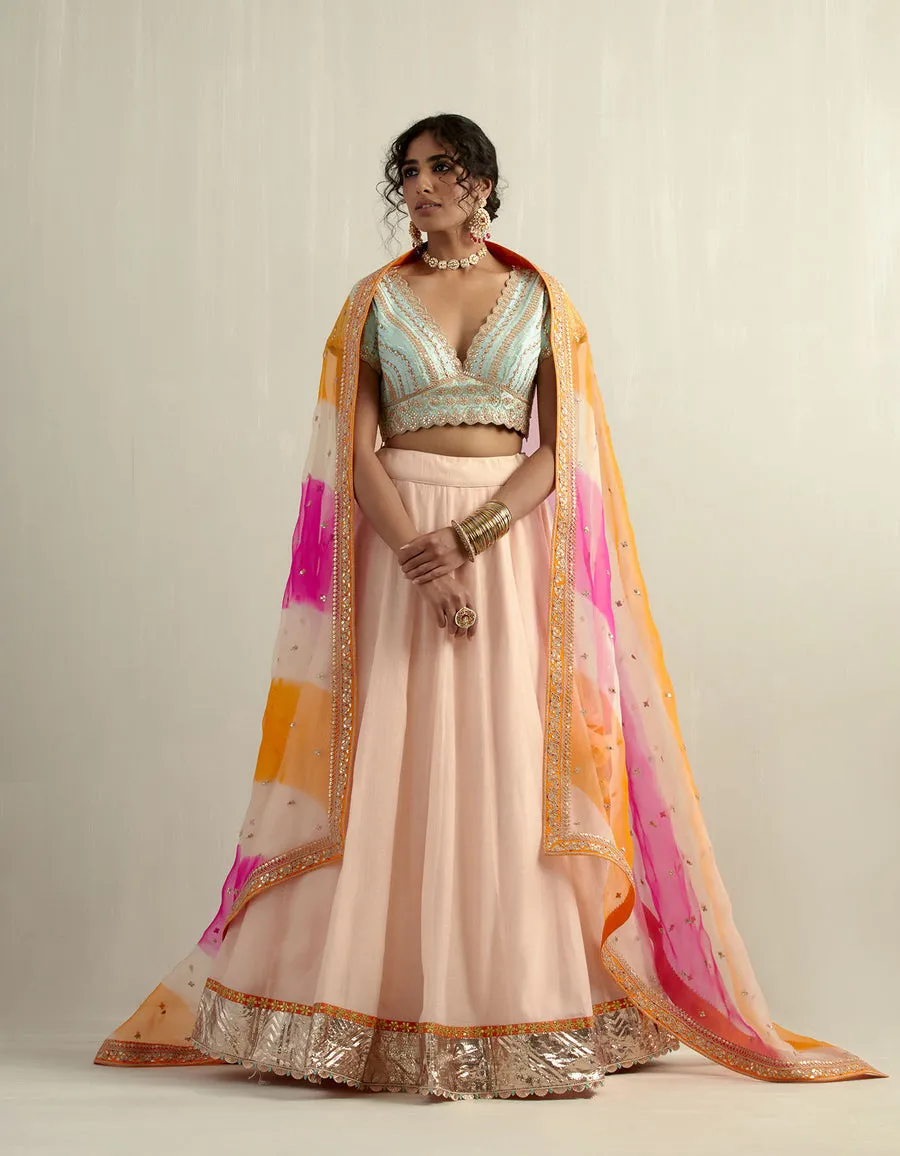 Powder Pink Chanderi Skirt With A Sky Blue Blouse And Dupatta