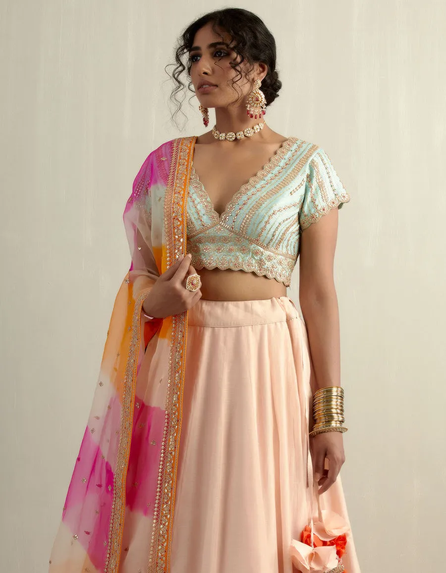 Powder Pink Chanderi Skirt With A Sky Blue Blouse And Dupatta