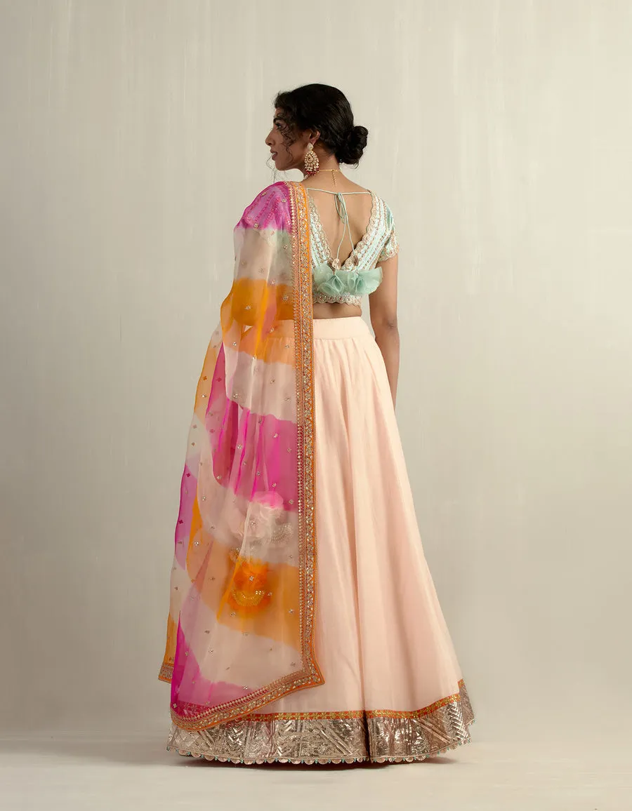 Powder Pink Chanderi Skirt With A Sky Blue Blouse And Dupatta