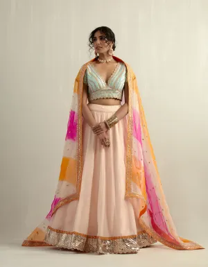 Powder Pink Chanderi Skirt With A Sky Blue Blouse And Dupatta