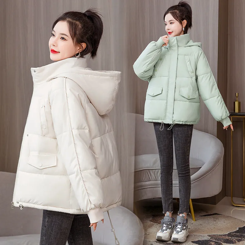 Quilted Thickened Puffer Jacket with Drawstring Hem for Women