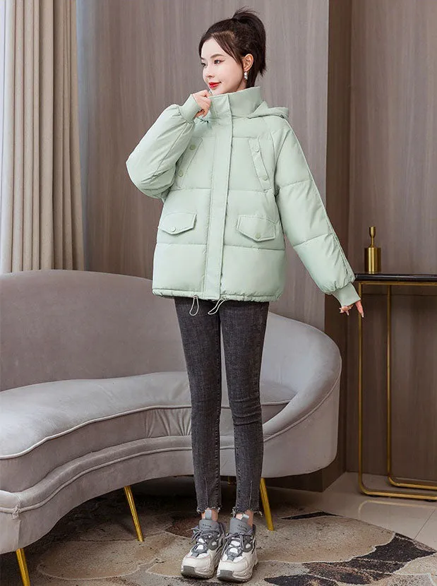 Quilted Thickened Puffer Jacket with Drawstring Hem for Women