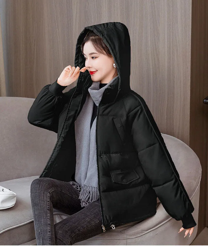 Quilted Thickened Puffer Jacket with Drawstring Hem for Women