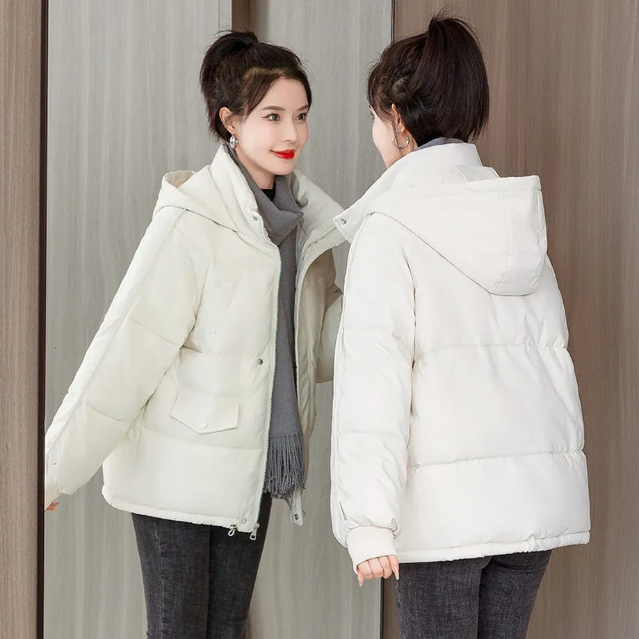 Quilted Thickened Puffer Jacket with Drawstring Hem for Women