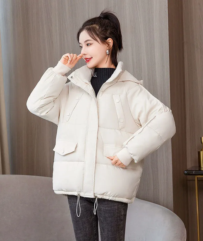Quilted Thickened Puffer Jacket with Drawstring Hem for Women