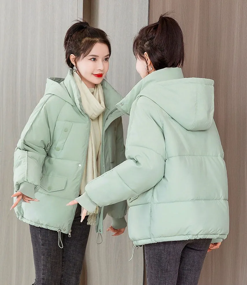 Quilted Thickened Puffer Jacket with Drawstring Hem for Women