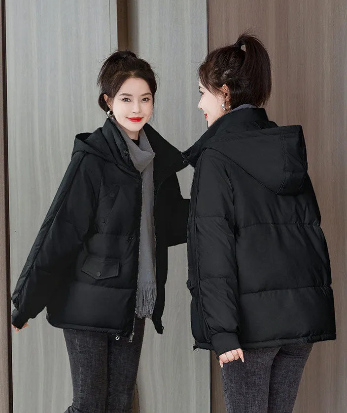 Quilted Thickened Puffer Jacket with Drawstring Hem for Women