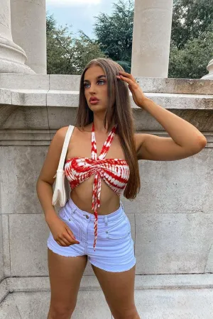 Red Ruched Tie Dye Tie Neck Crop Top - Joyce