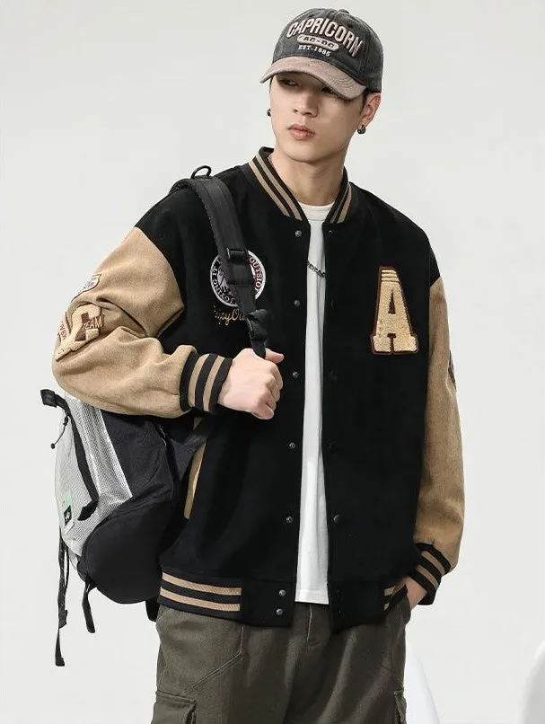 Retro Look Varsity Jacket Featuring Elastic Band Cuffs and Hem