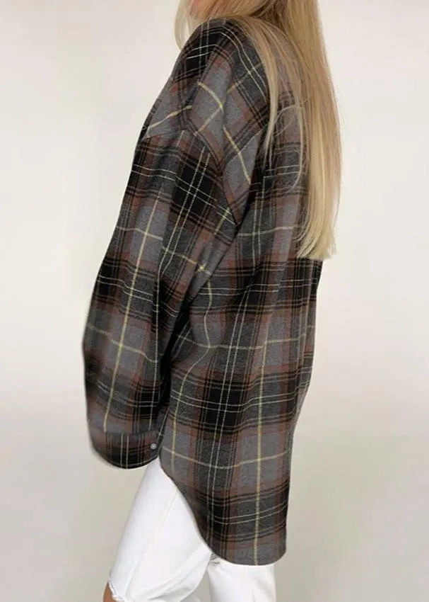 Retro Plaid Long-Sleeved Shirt - Oversized Comfort for Women
