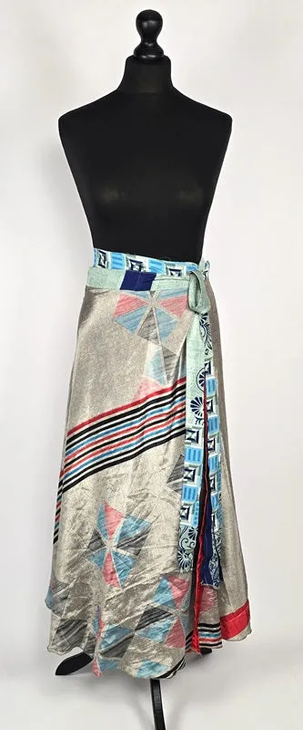 Reversable flattering Indian gypsy wrap skirt, made from vintage silk-mix saree fabrics with Oriental & floral print #58