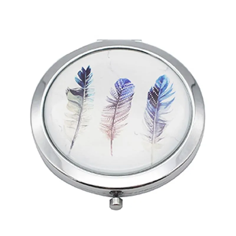 Round Flip Pocket Mirror with Feather Designs