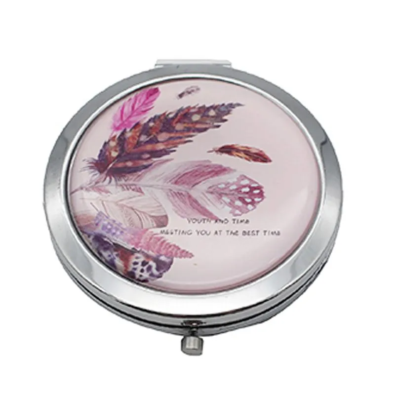 Round Flip Pocket Mirror with Feather Designs