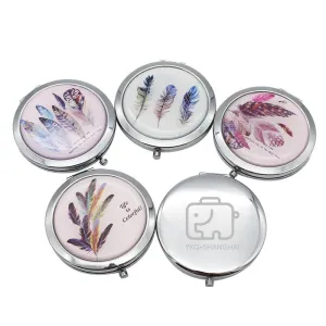 Round Flip Pocket Mirror with Feather Designs