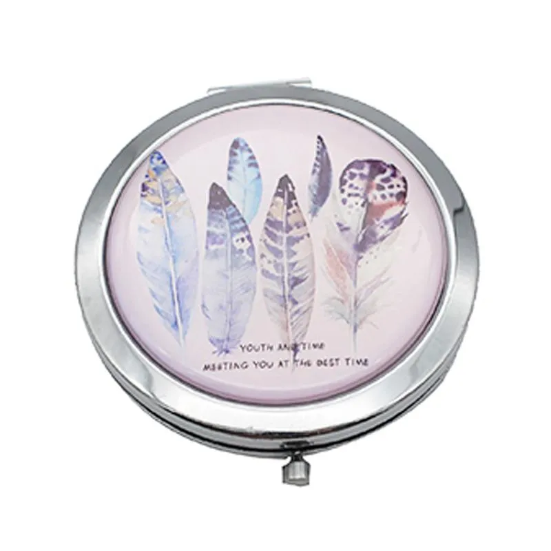 Round Flip Pocket Mirror with Feather Designs