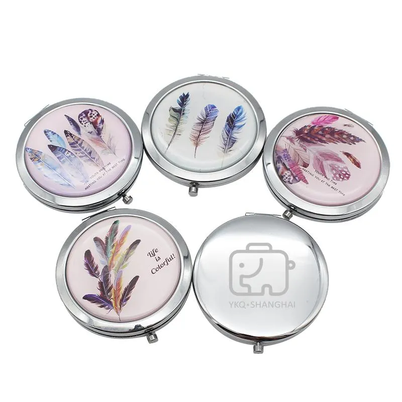 Round Flip Pocket Mirror with Feather Designs