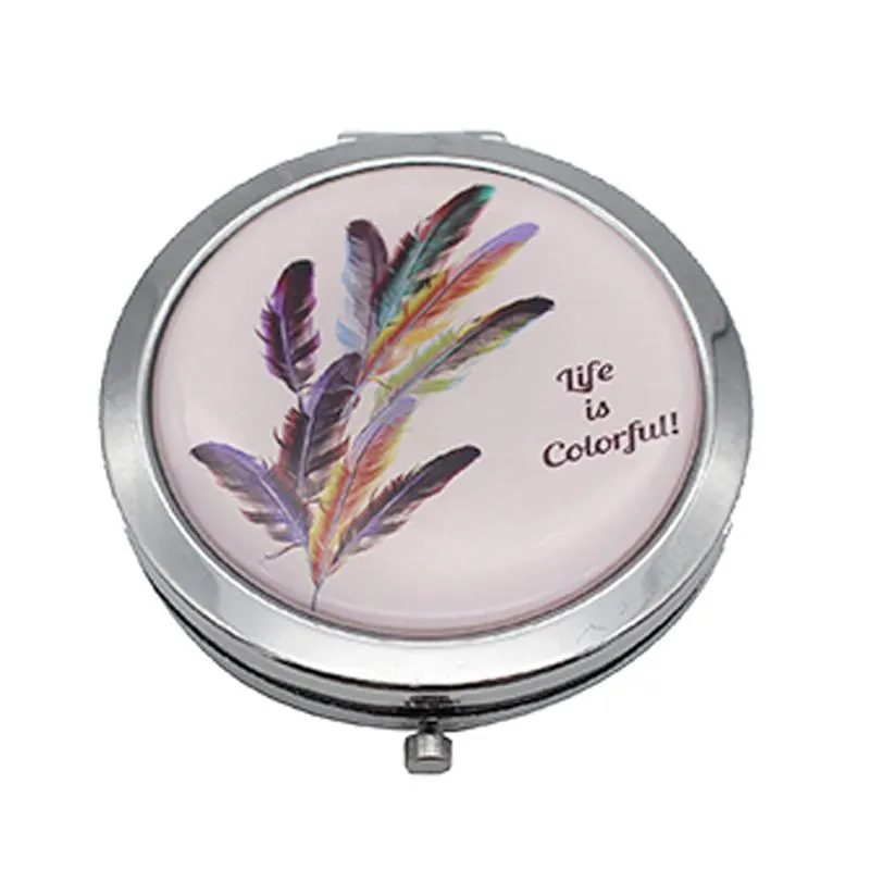 Round Flip Pocket Mirror with Feather Designs