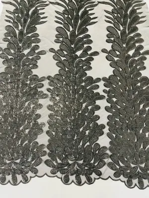 Royalty Feathers Peacock with Embroidery sequins on stretch Mesh Lace Fabric (By 3 Panels) Black