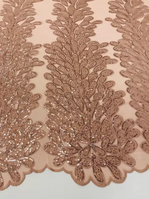 Royalty Feathers Peacock with Embroidery sequins on stretch Mesh Lace Fabric (By 3 Panels) Dusty Rose