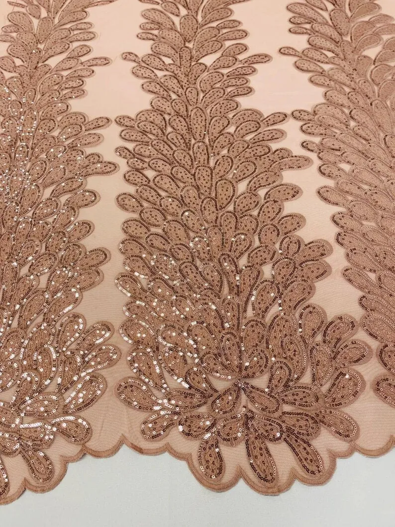 Royalty Feathers Peacock with Embroidery sequins on stretch Mesh Lace Fabric (By 3 Panels) Dusty Rose
