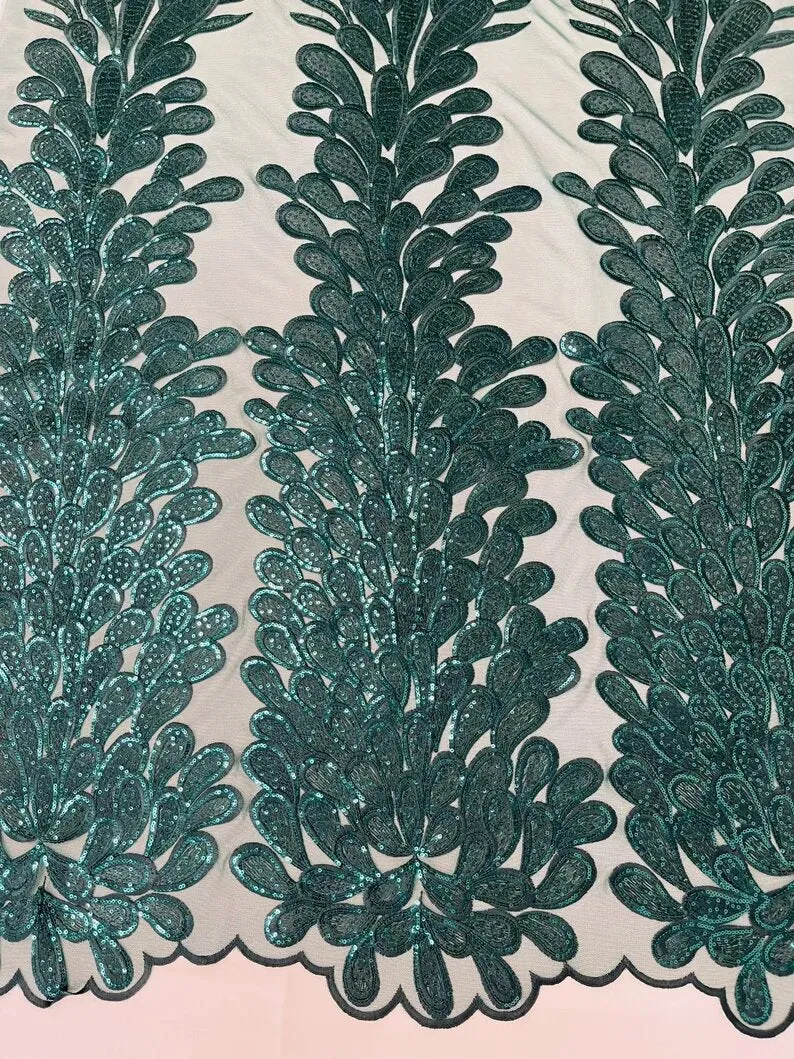 Royalty Feathers Peacock with Embroidery sequins on stretch Mesh Lace Fabric (By 3 Panels) Hunter