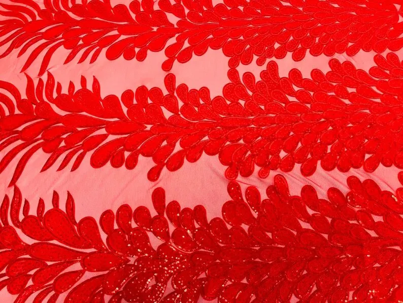 Royalty Feathers Peacock with Embroidery sequins on stretch Mesh Lace Fabric (By 3 Panels) Red