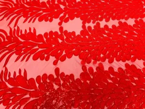 Royalty Feathers Peacock with Embroidery sequins on stretch Mesh Lace Fabric (By 3 Panels) Red