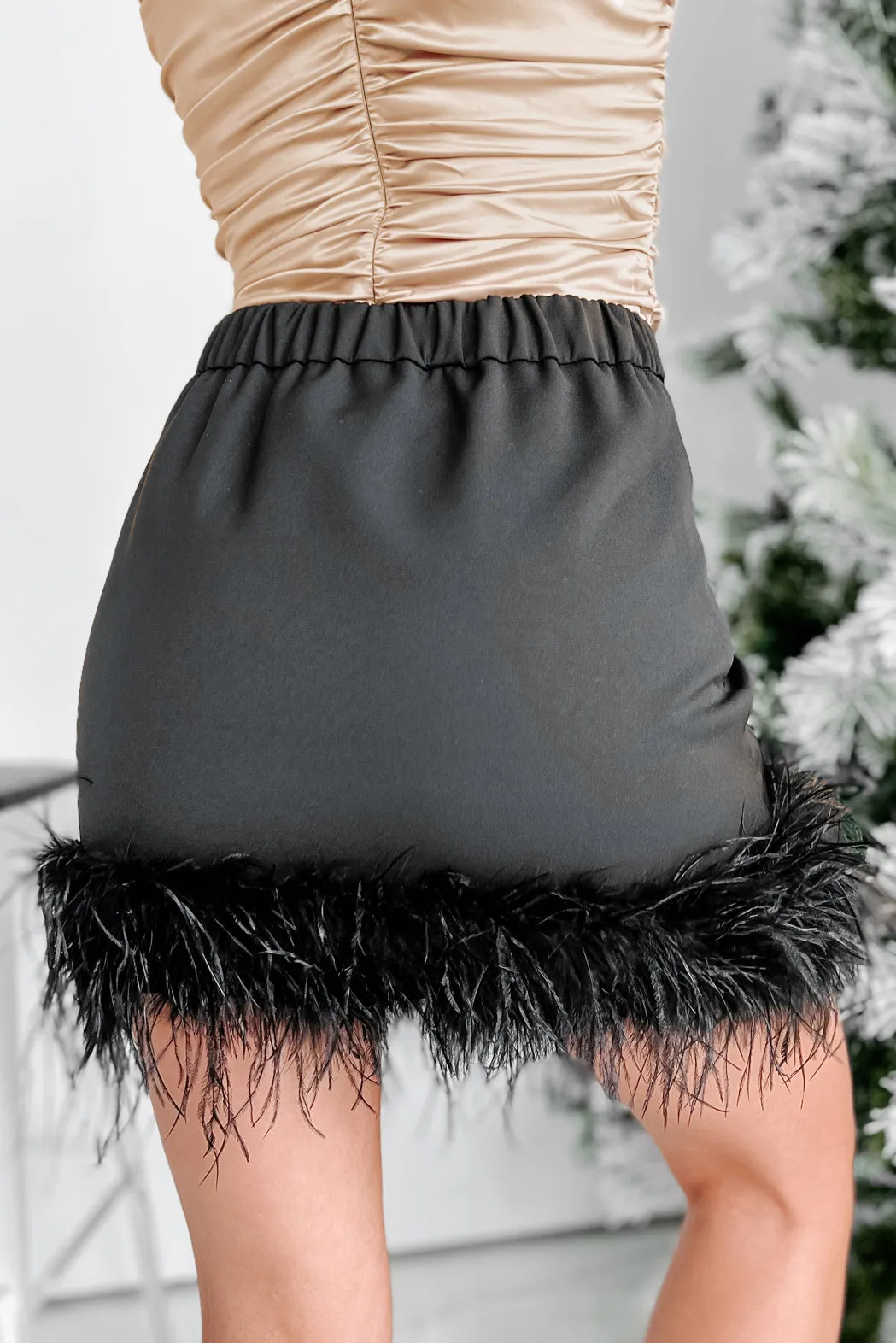 Ruffle My Feathers High Waisted Faux Feather Trim Mini Skirt (Black)