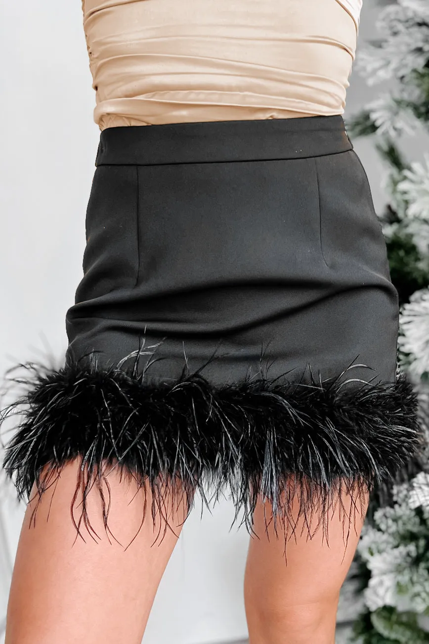 Ruffle My Feathers High Waisted Faux Feather Trim Mini Skirt (Black)