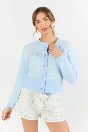 Running On Love Blue Textured Woven Detail Cardigan SALE