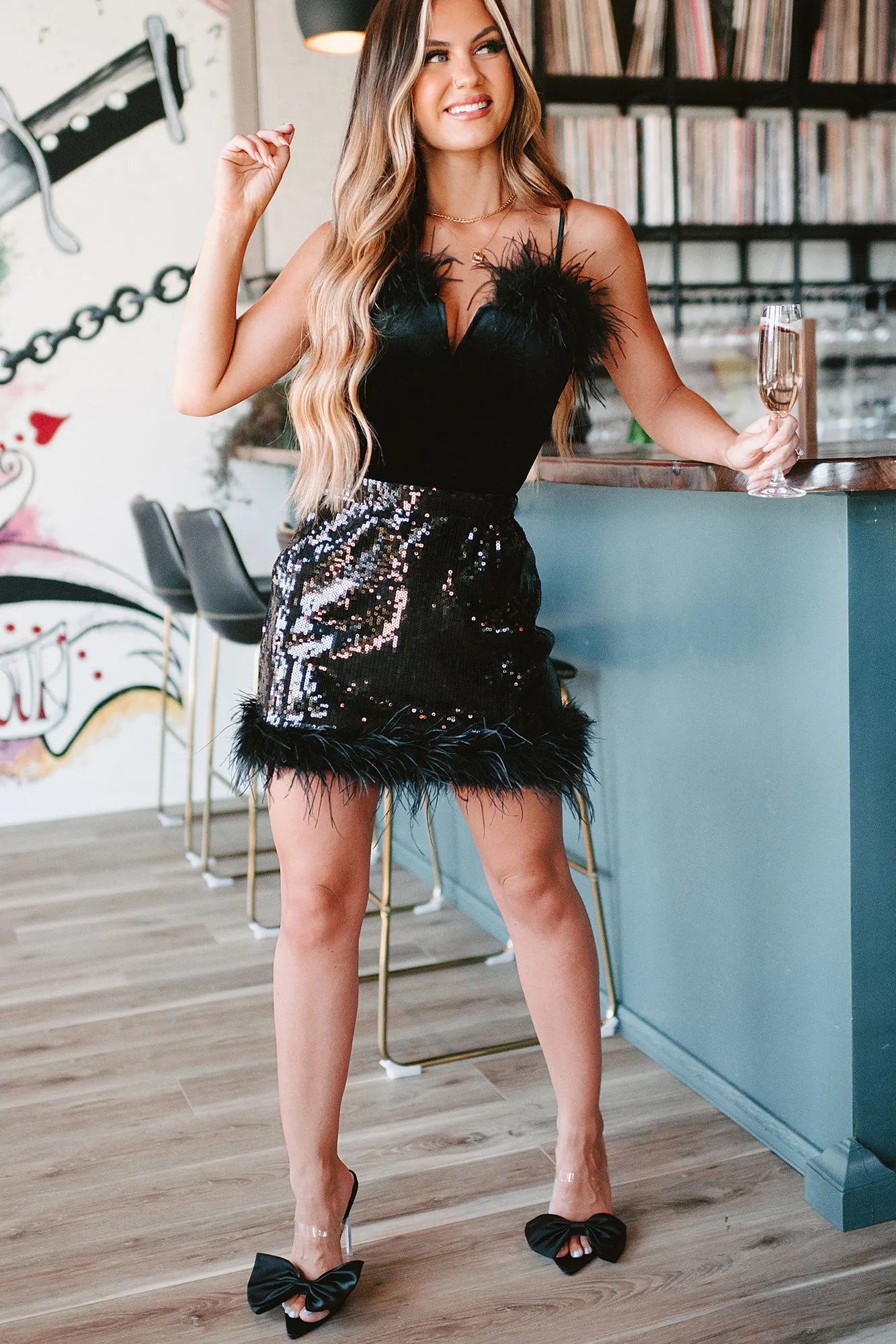 Sequin Sensation High Waisted Sequin Feather Mini Skirt (Black)