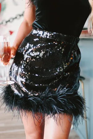 Sequin Sensation High Waisted Sequin Feather Mini Skirt (Black)