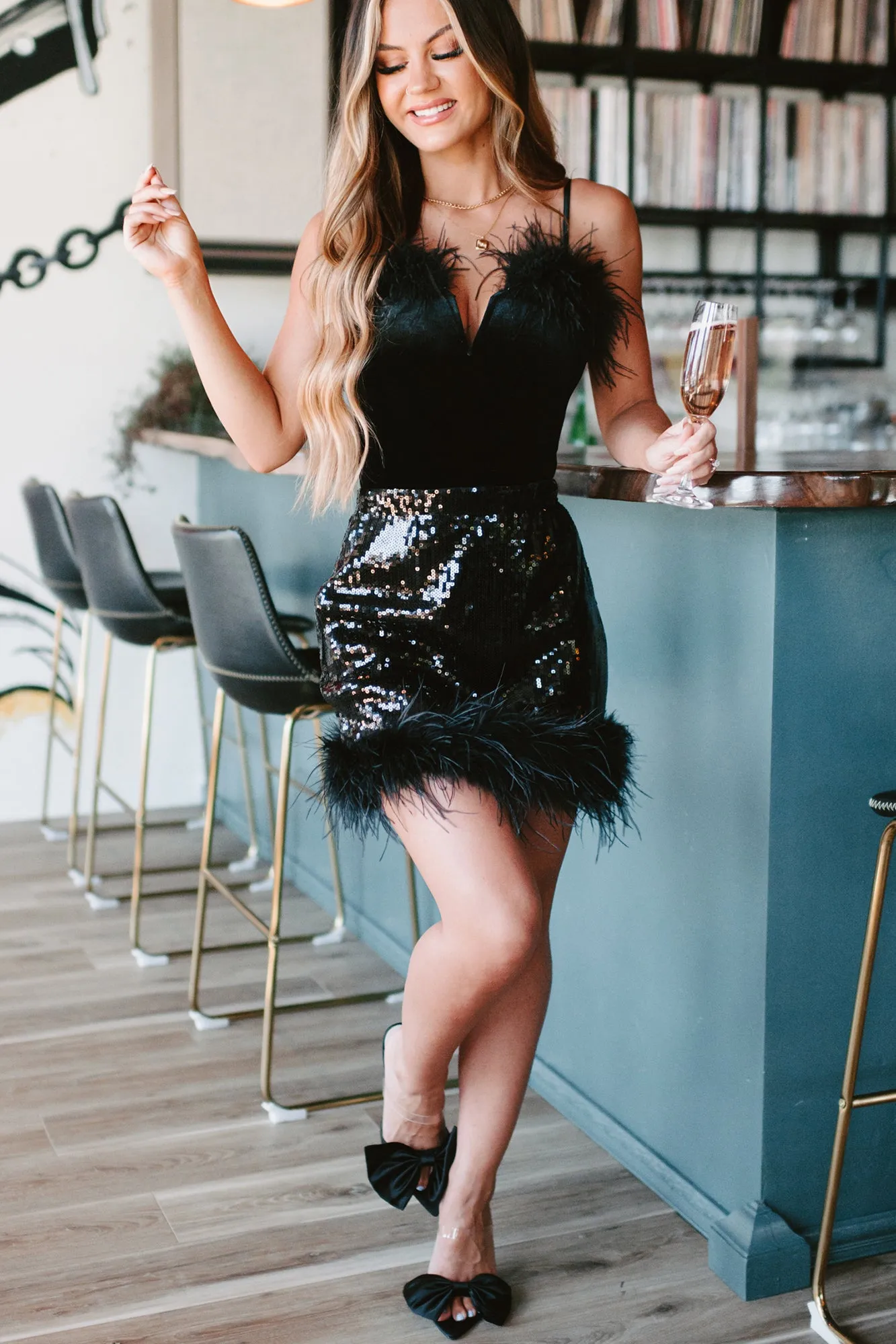 Sequin Sensation High Waisted Sequin Feather Mini Skirt (Black)